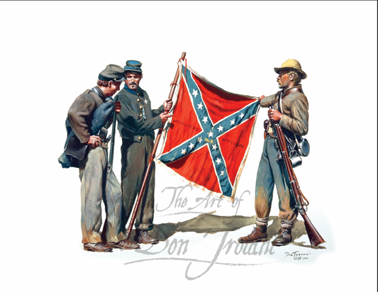 Artistic depiction of three soldiers with a Confederate flag, signed 'The Art of Don Troiani'.