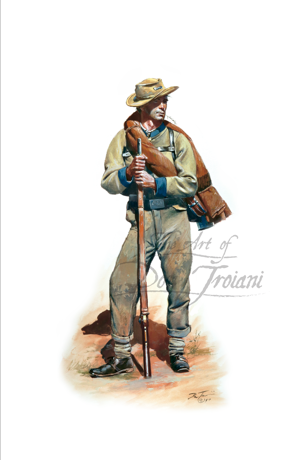 Artistic depiction of a cowboy holding a rifle on a white background, with 'Art of Dan Troiani' branding.