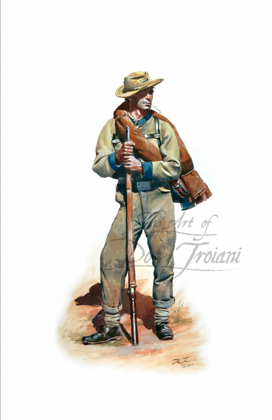 Artistic depiction of a cowboy holding a rifle on a white background, with 'Art of Dan Troiani' branding.