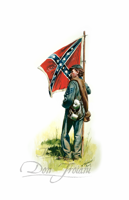 Illustration of a soldier holding a Confederate flag with 'Don Troiani' signature.