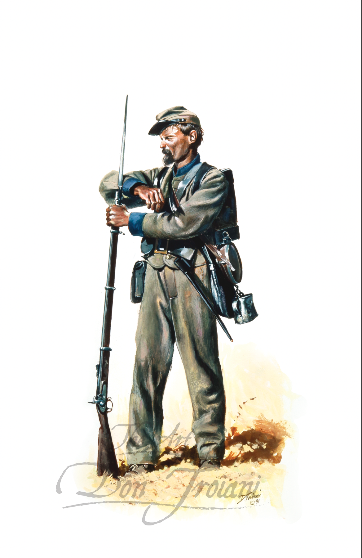 29th Alabama Infantry. Painting of a Civil War soldier in uniform holding a rifle on a white background