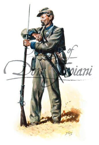 Don Troiani wall art print 29th Alabama Infantry. Soldier is wearing grey uniform.
