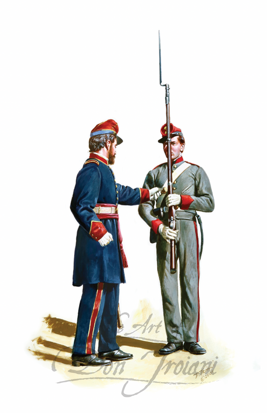 Charleston Zouave Cadets. Two soldiers in uniform shaking hands with a white background