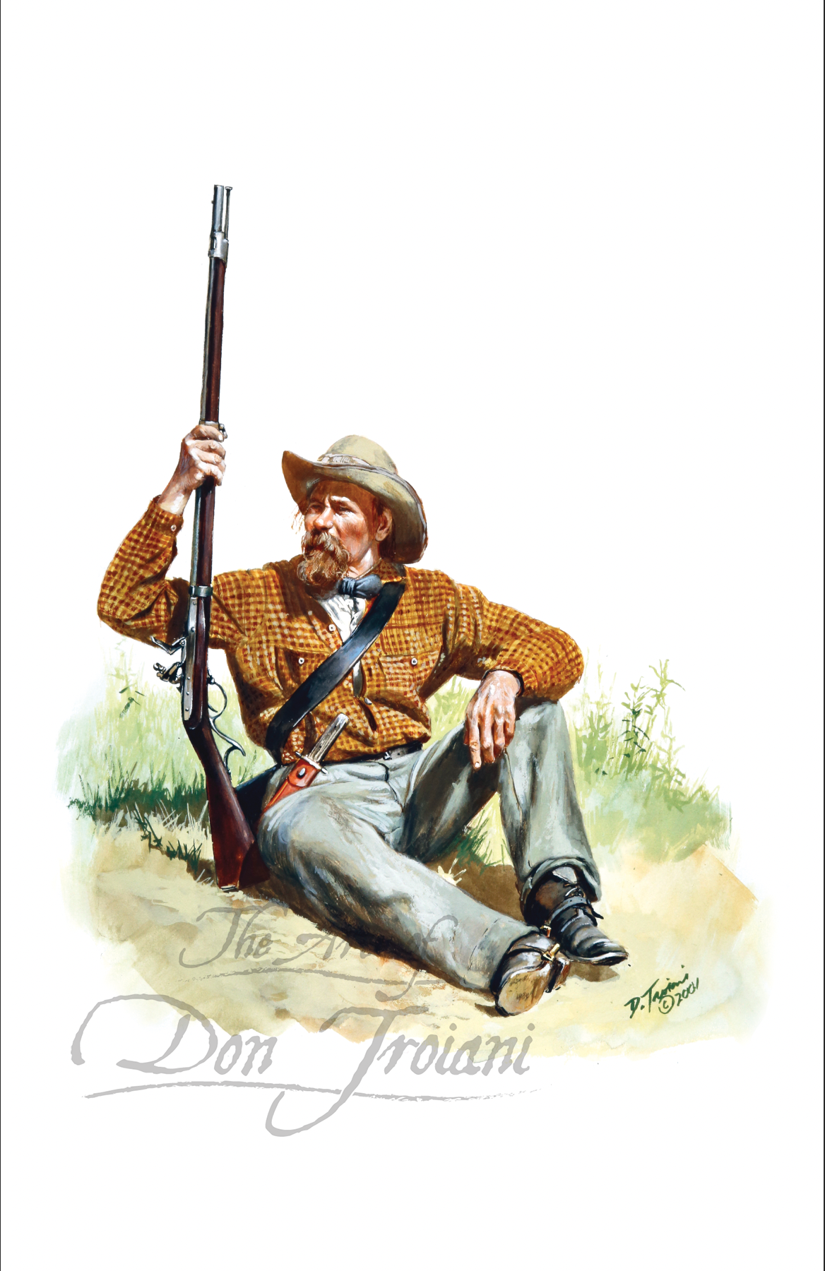 1st Arkansas Mounted Rifles. Illustration of a man in a plaid shirt and hat holding a rifle, sitting on a rock with grass and flowers in the background.