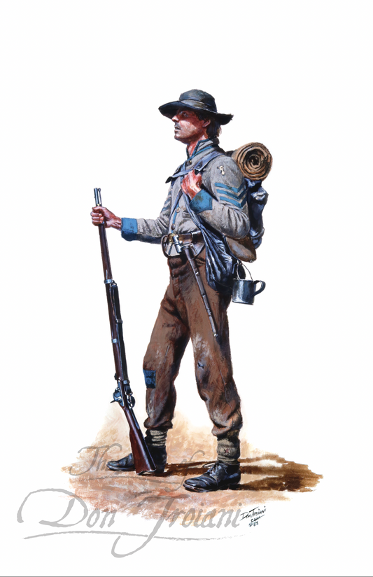 Confederate Sergeant. Painting of a soldier in Civil War uniform holding a rifle and canteen on a white background.