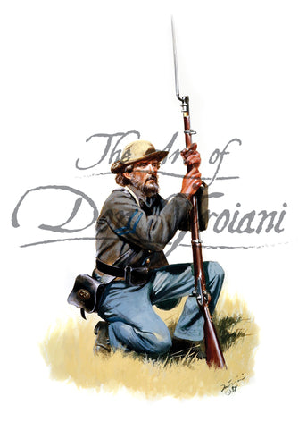 Don Troiani wall art print Kneeling Confederate Infantry Corporal. He is wearing grey and blue.