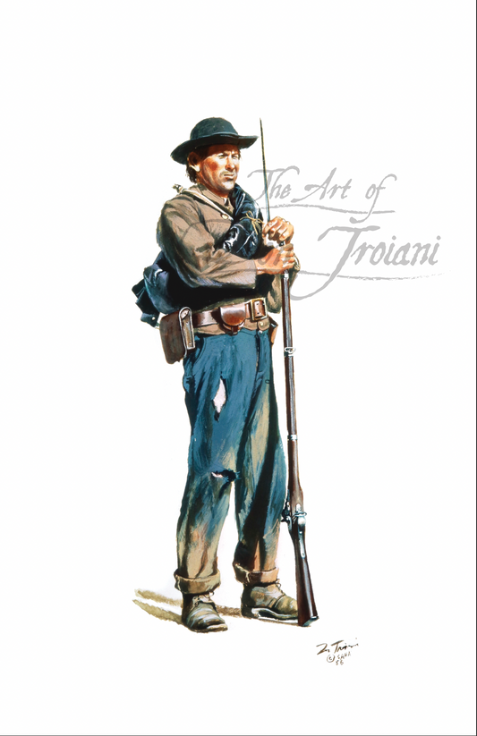 Confederate Infantryman. Artistic depiction of a soldier holding a rifle.