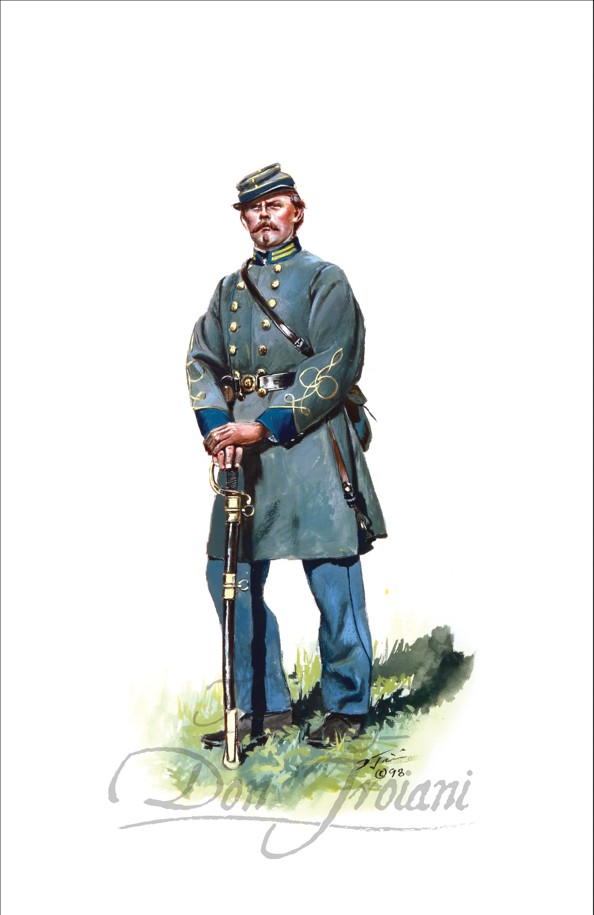 Illustration of a soldier in Civil War uniform holding a rifle on a white background