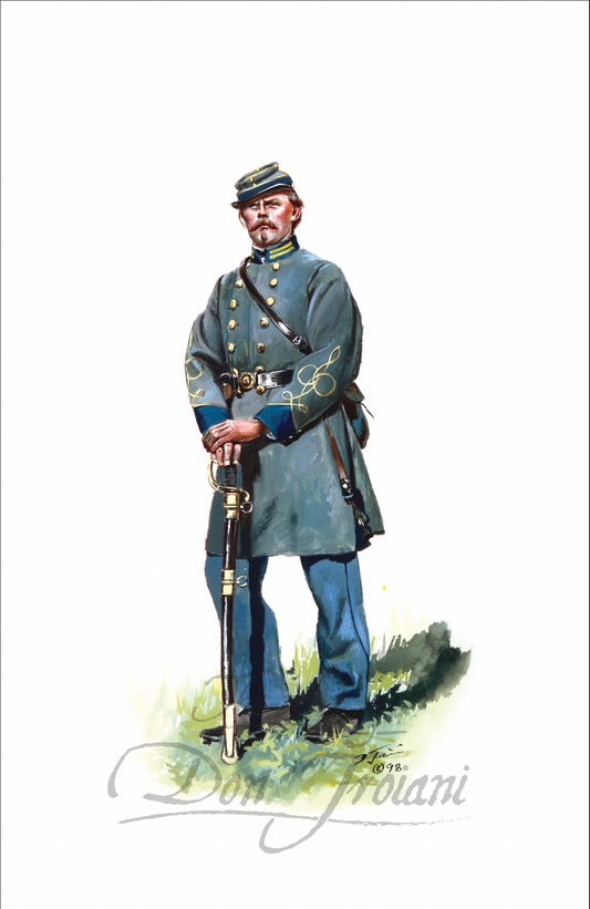 Illustration of a soldier in Civil War uniform holding a rifle on a white background