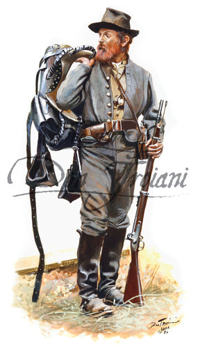 Don Troiani wall art print Confederate North Carolina Cavalryman. He is carrying a black saddle.