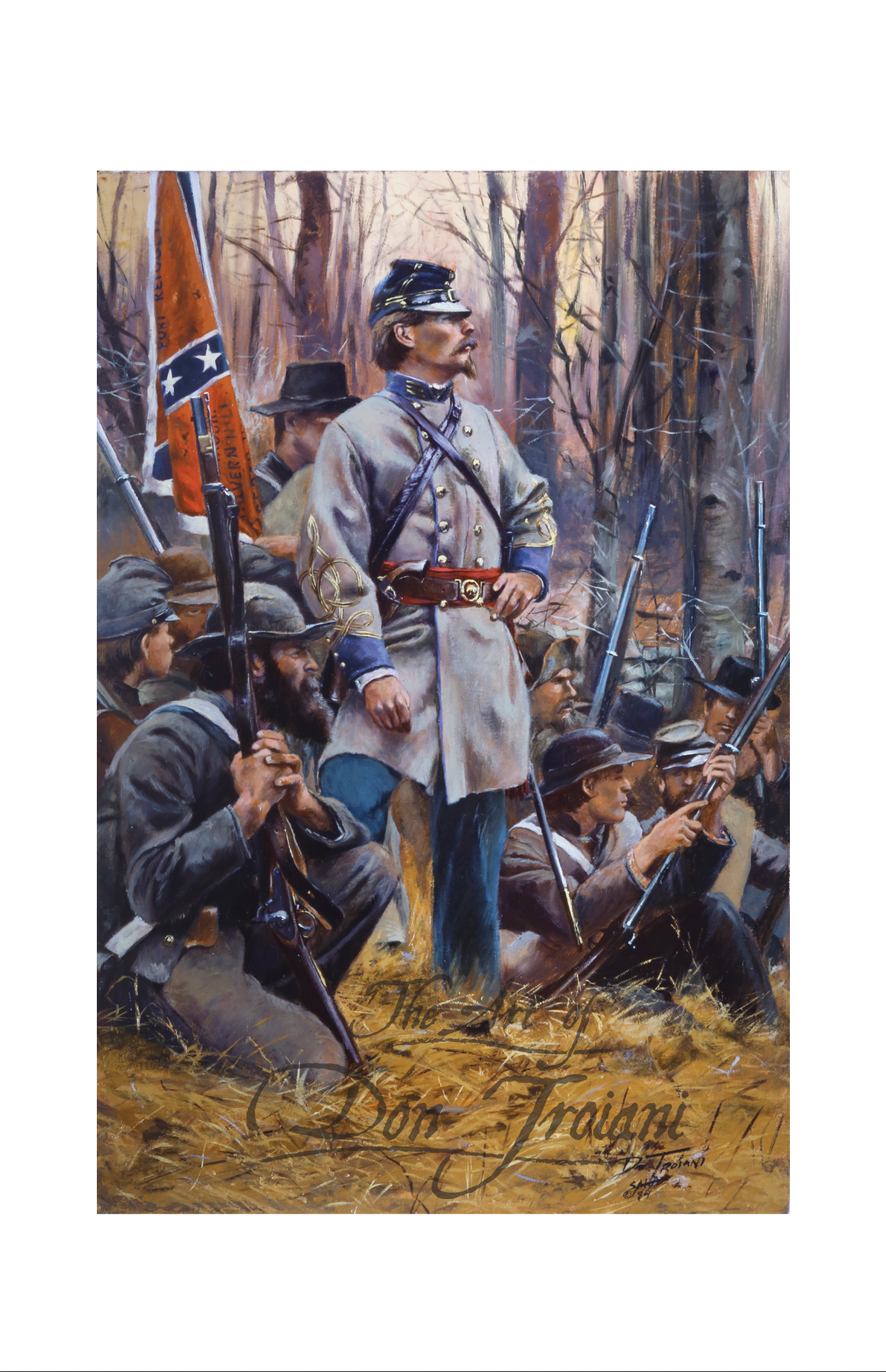 Confederate Officer With His Men. Painting of a Civil War scene with soldiers in uniforms and rifles, featuring a Confederate flag.