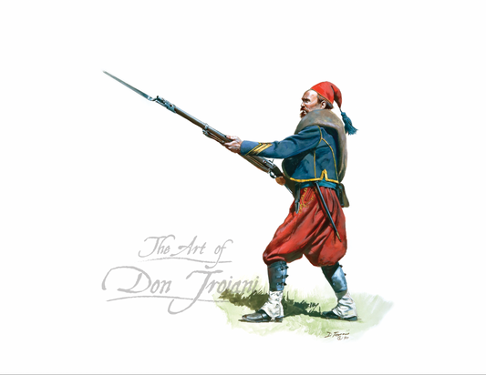 Coppens Zouaves. Artistic depiction of a historical figure in military attire with a white background