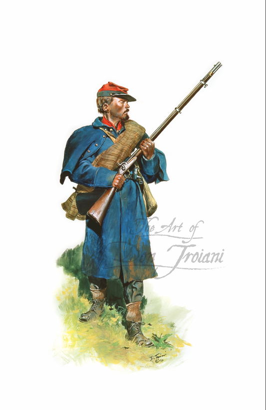 Crutchfield’s Virginia Heavy Artillery Battalion. Painting of a soldier in blue uniform with a rifle.