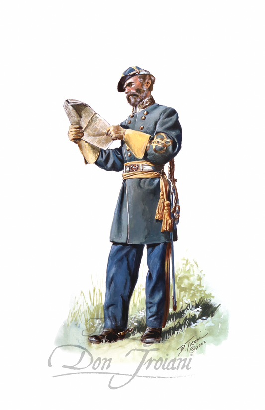 Confederate General Braxton Bragg Illustration of a soldier in uniform holding a map on a white background
