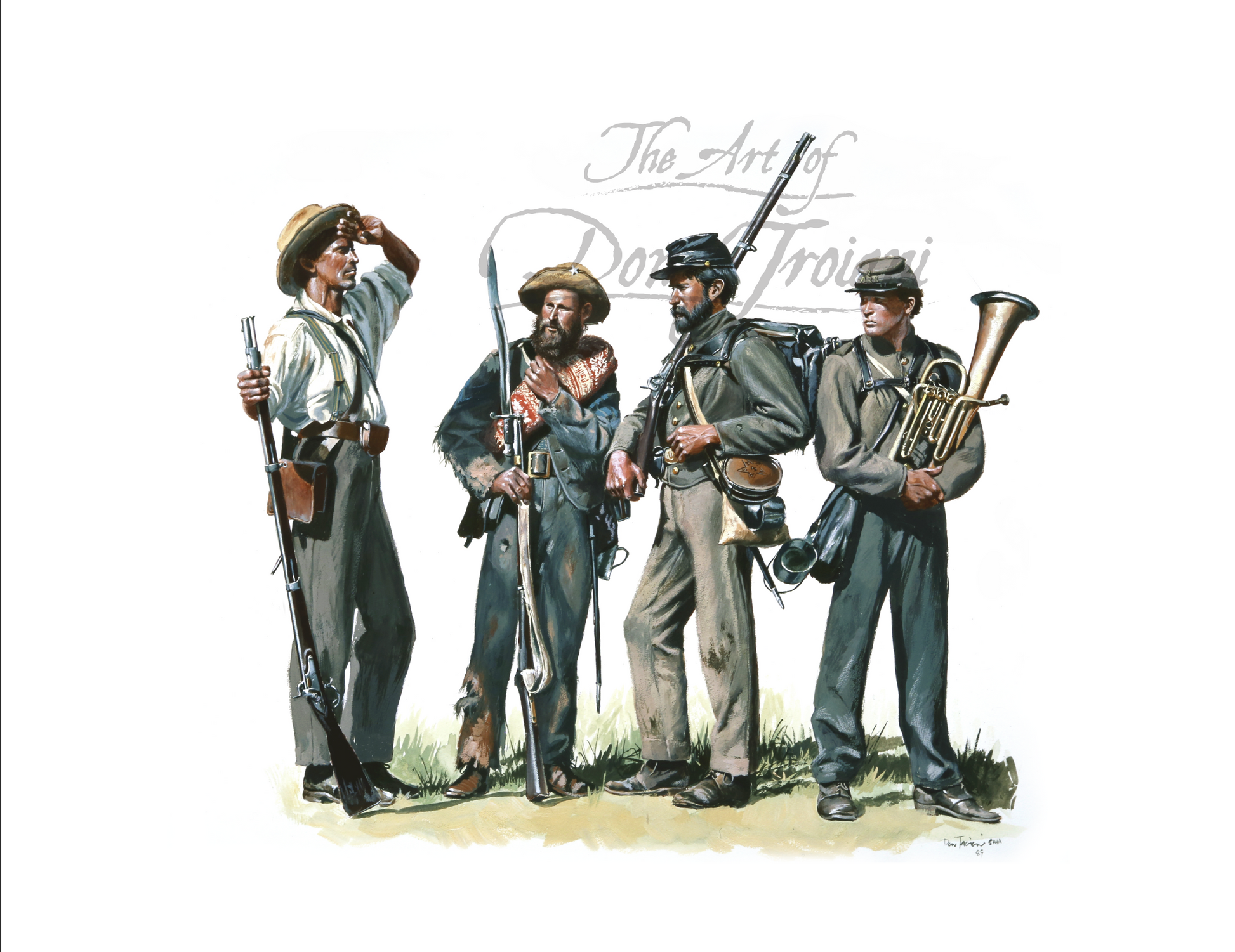 Texas Brigade, 1863 Illustration of four soldiers in Civil War uniforms with rifles and a tuba, signed 'The Art of Don Troiani'.