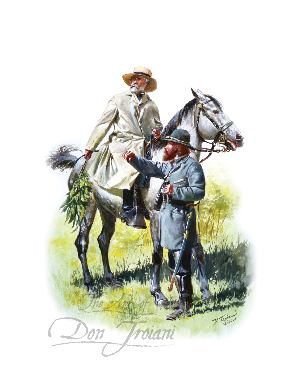 Illustration of a man on horseback with another person holding a rifle, set against a natural background.