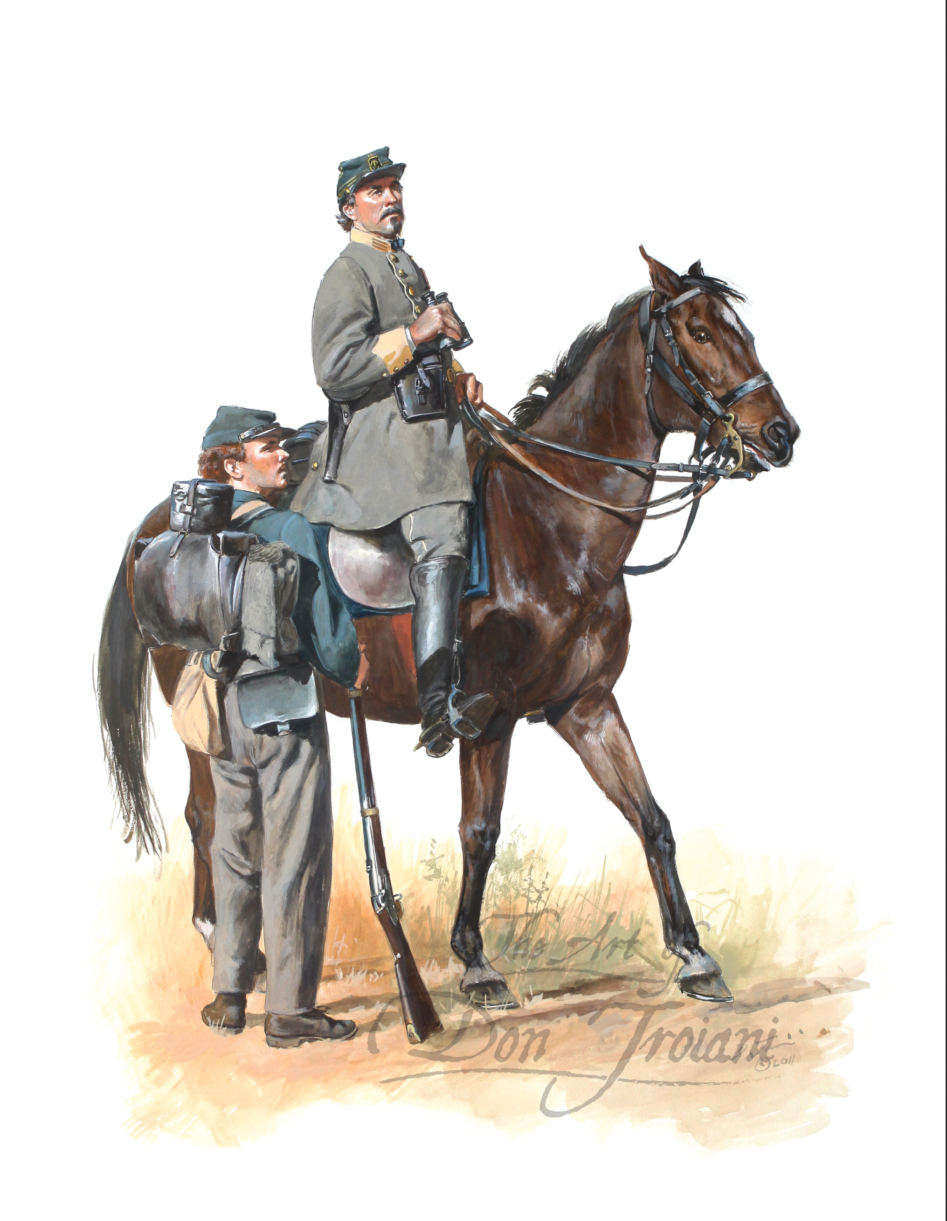 1st Regiment Engineer Troops, Army of Northern Virginia Painting of two soldiers on horseback with rifles, one sitting and one standing, on a white background.