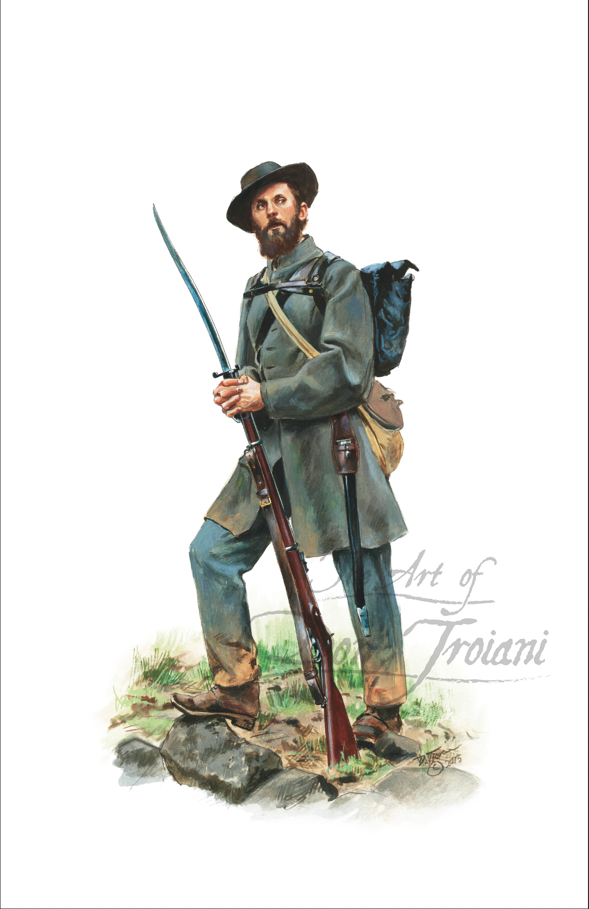 16th Georgia Regiment . Painting of a soldier in historical military attire with a rifle and backpack on a white background.