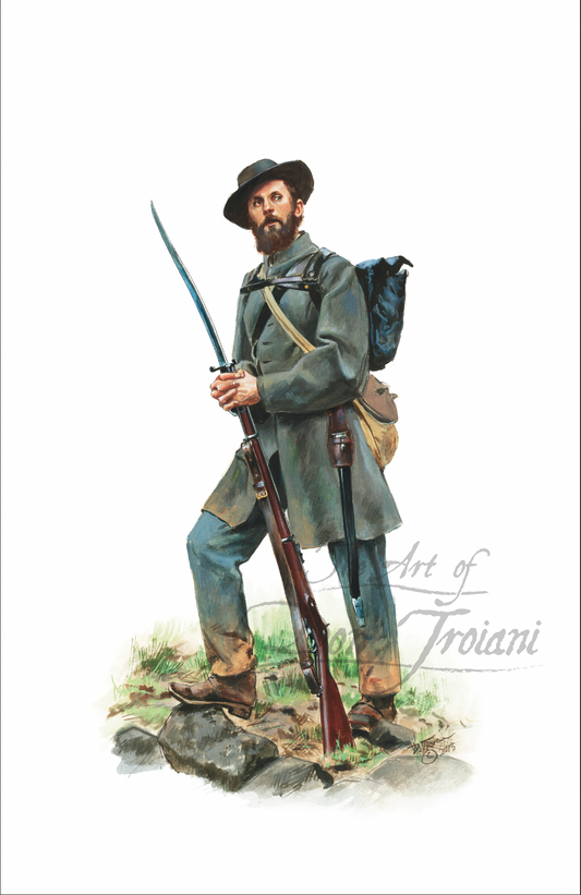 16th Georgia Regiment . Painting of a soldier in historical military attire with a rifle and backpack on a white background.
