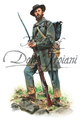 Don Troiani wall art print 16th Georgia Regiment Gettysburg. Soldier is wearing a grey uniform.