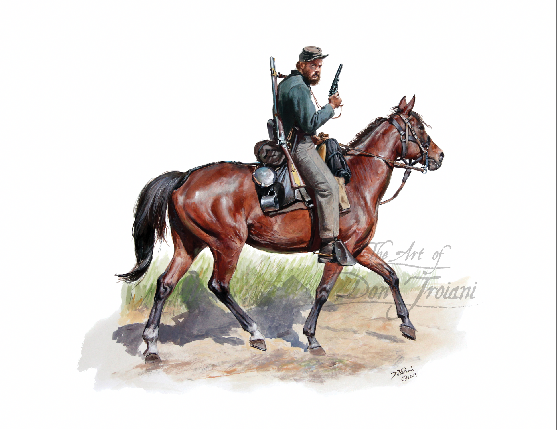 34th Virginia Cavalry Painting of a soldier on horseback with a rifle, signed 'The Art of William Trolani'.