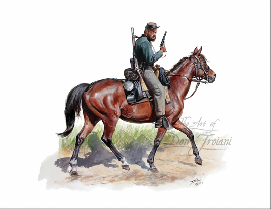 34th Virginia Cavalry Painting of a soldier on horseback with a rifle, signed 'The Art of William Trolani'.