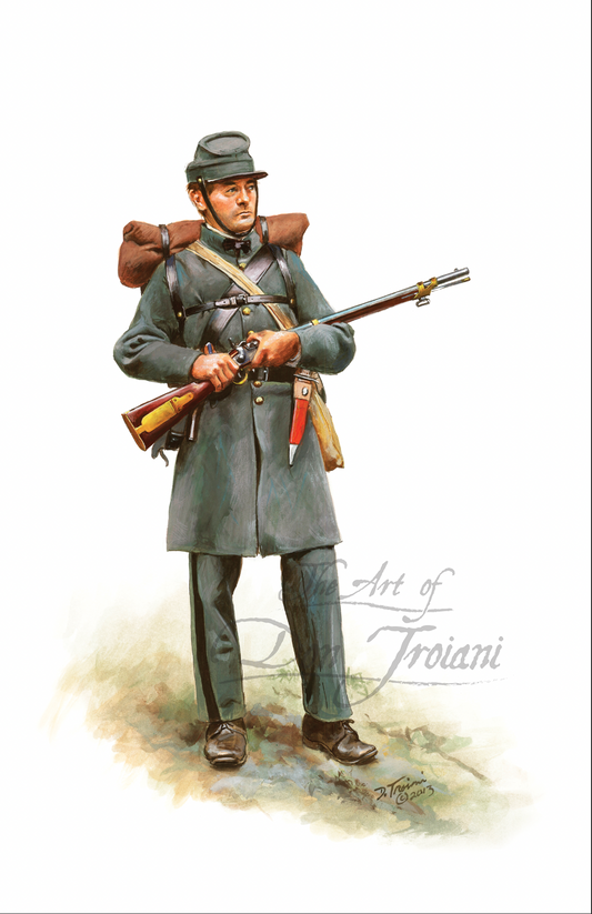 Miller Rifles. Painting of a soldier in uniform with a rifle and backpack on a white background