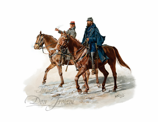 Two men on horseback with a signature at the bottom