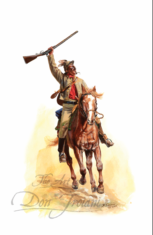 1st Cherokee Mounted Rifles. Painting of a Native American on horseback holding a rifle against a white background