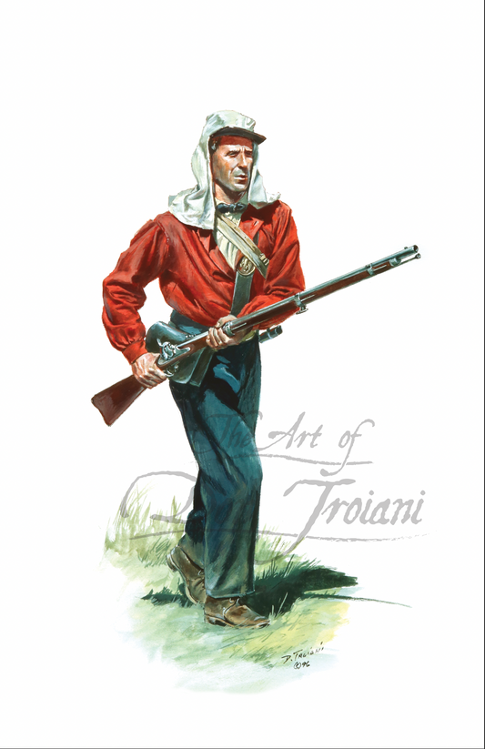 1st Minnesota Regiment. Illustration of a soldier in red coat and blue pants holding a rifle.