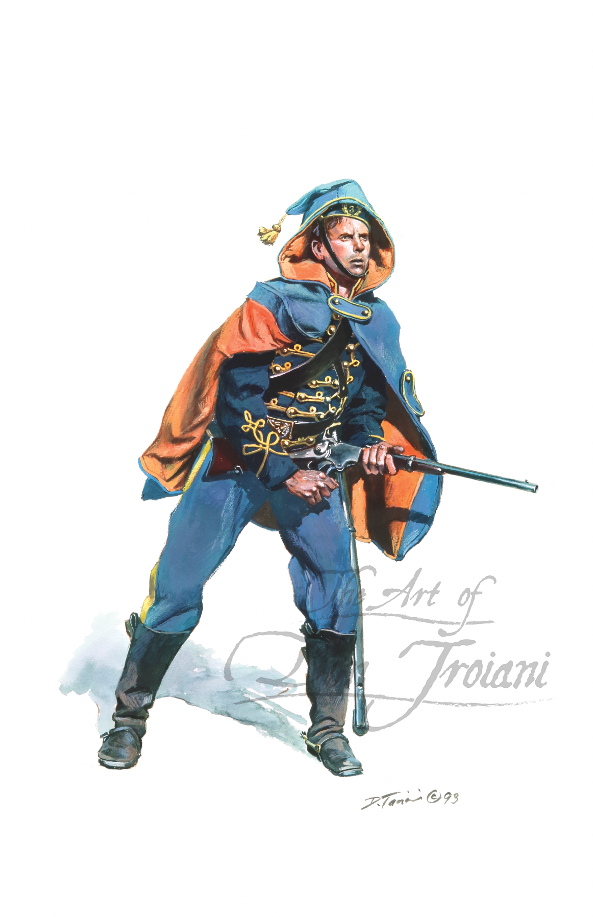 Cavalry Hussars. Illustration of a character in colorful medieval attire with a rifle.