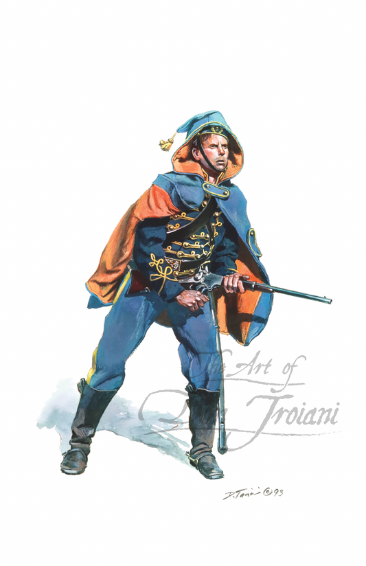 Cavalry Hussars. Illustration of a character in colorful medieval attire with a rifle.