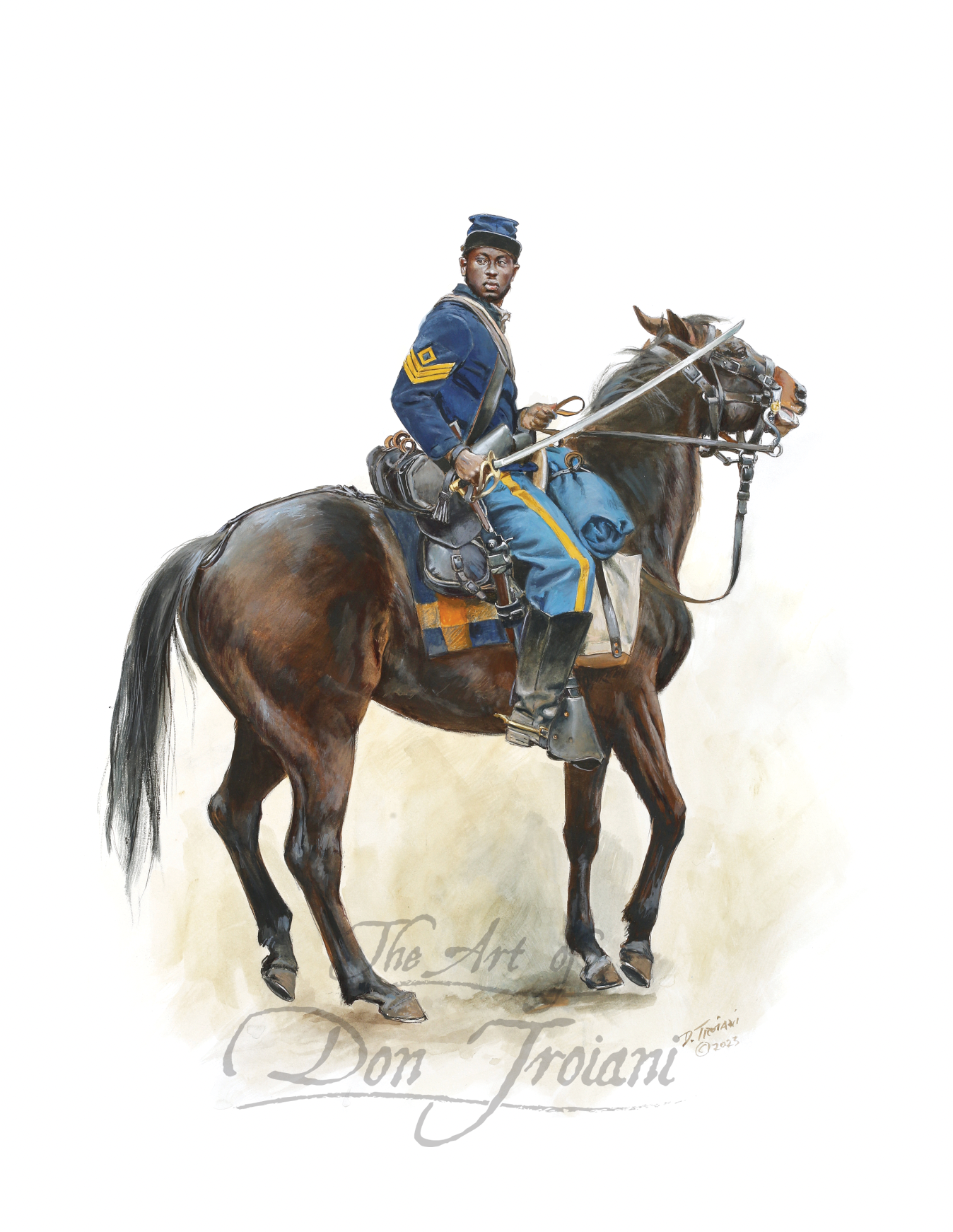 US Colored Cavalry. Painting of a soldier on horseback with 'The Art of Don Troiani' signature.