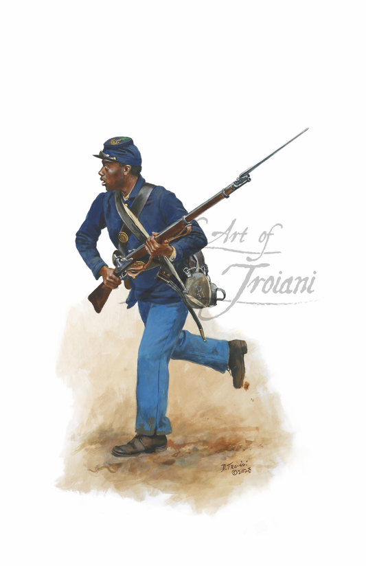 Painting of a soldier in blue uniform with a rifle, signed 'Art of Troiani'.