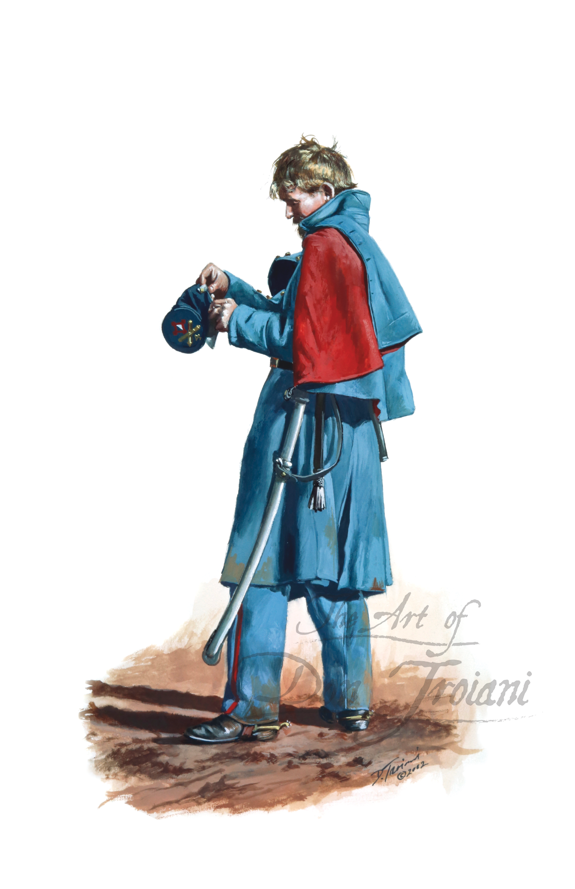 4th New Jersey Light Artillery. Illustration of a soldier in a blue coat with a red shirt, holding a sword and helmet on a white background.