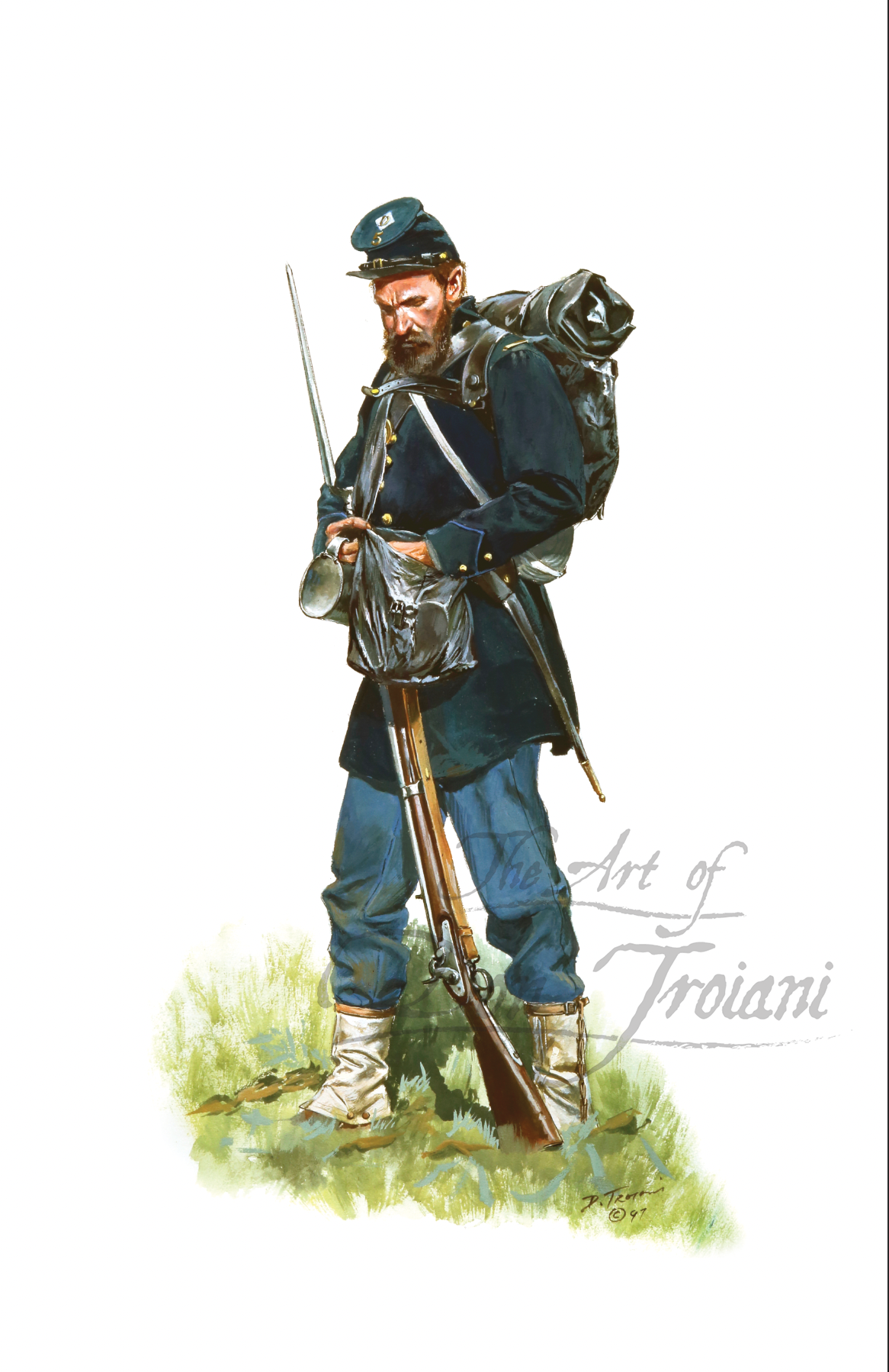 New Jersey Volunteer Infantry. Painting of a Civil War soldier in uniform with a rifle and backpack on a white background.