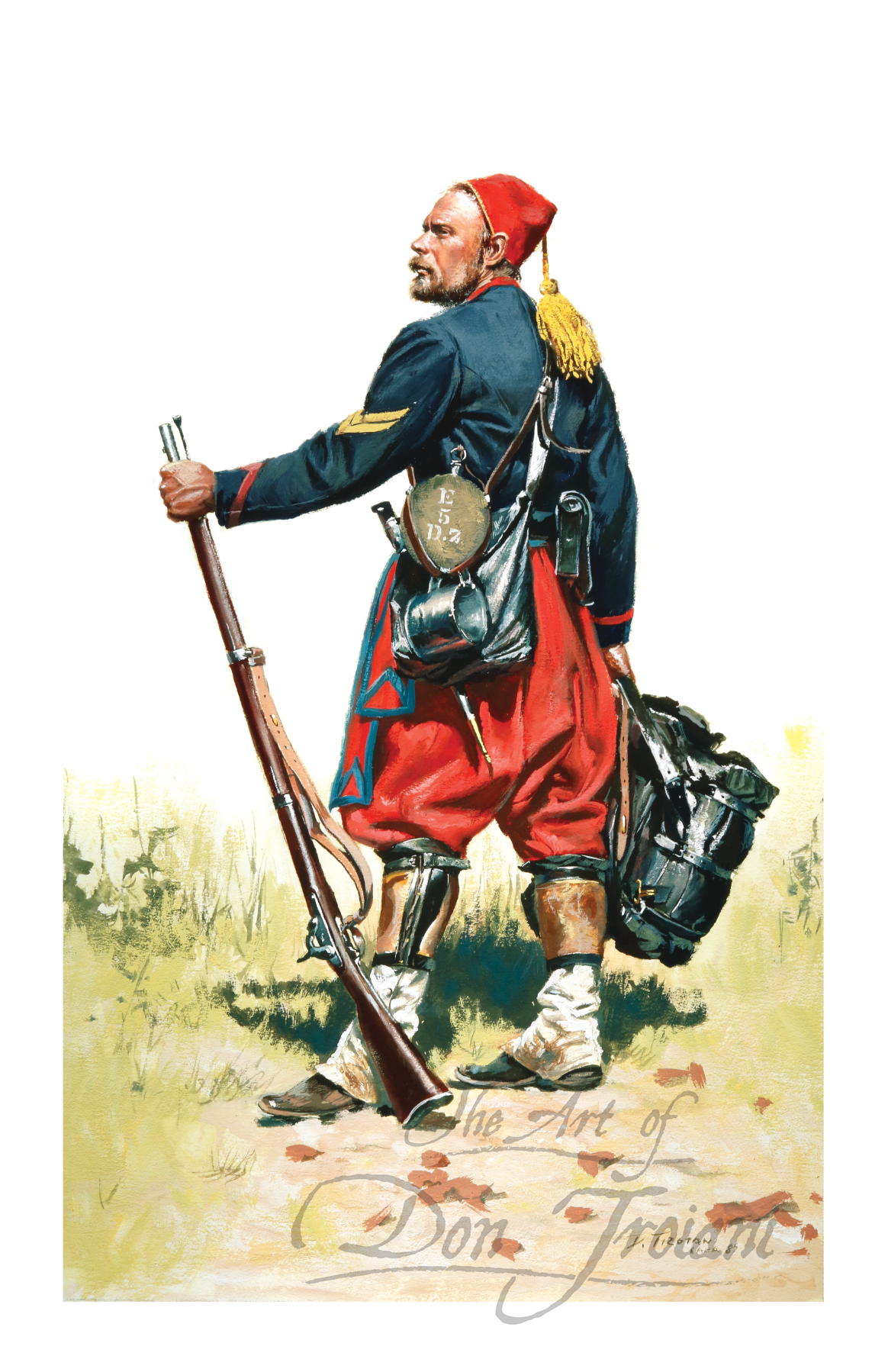 Duryea Zouaves. Painting of a soldier in historical military attire with a rifle and backpack.
