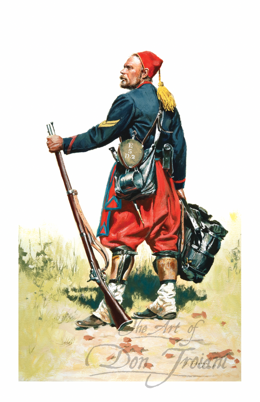 Duryea Zouaves. Painting of a soldier in historical military attire with a rifle and backpack.