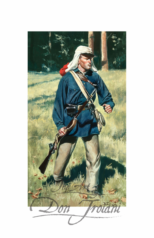 1st Rhode Island Detached Militia. Painting of a soldier in a forest with a rifle.