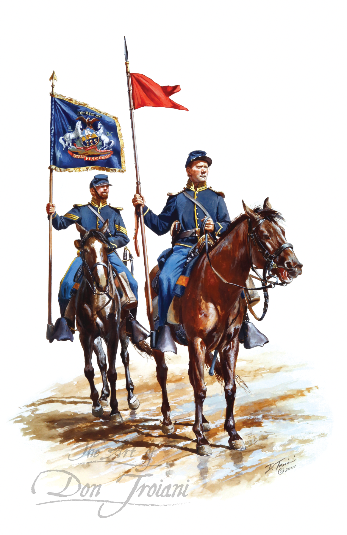 6th Pennsylvania Cavalry Two soldiers on horseback holding flags, with a signature at the bottom right corner.
