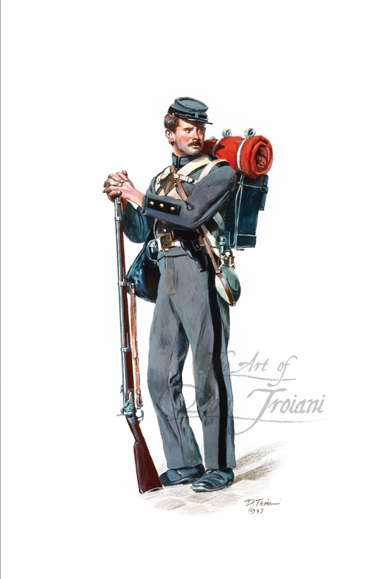 8th Company, 7th New York. Painting of a soldier in Civil War uniform with rifle and backpack on a white background