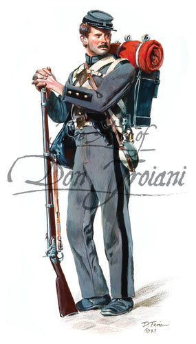 Don Troiani wall art print 8th Company 7th New York 1861. Soldier is wearing a grey uniform.