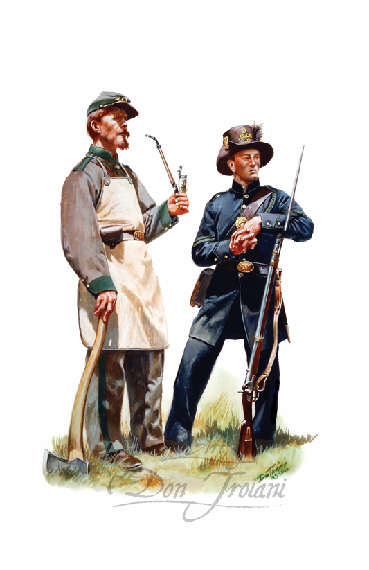 8th 1st German Rifles and 20th United Turner Rifles, New York Volunteers in 1861 Two soldiers in Civil War uniforms holding rifles and ax, with a white background.