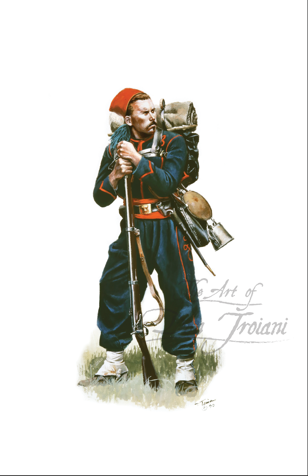 Hawkin's Zouaves. Illustration of a soldier in uniform with a rifle and backpack on a white background.