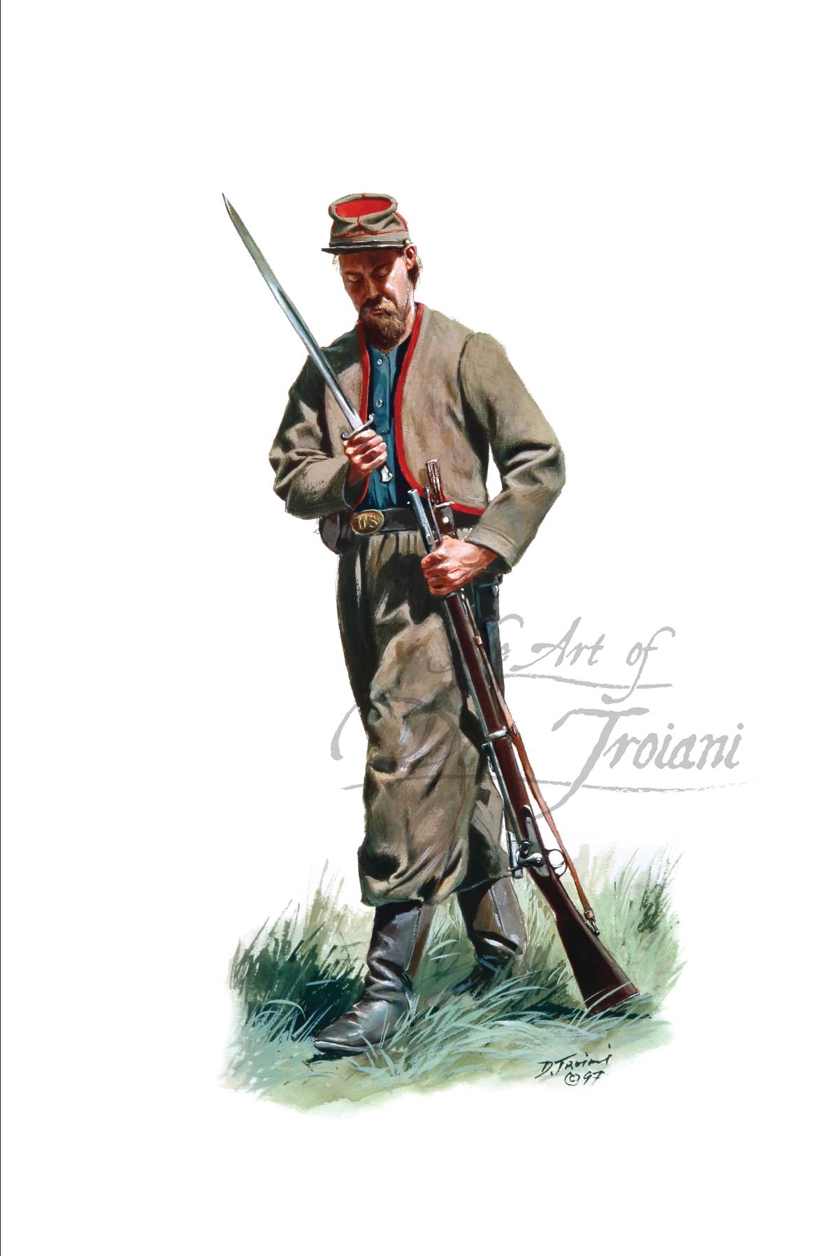Private of the 11th Indiana Zouaves Illustration of a soldier holding a rifle with 'Art of Troiani' signature.