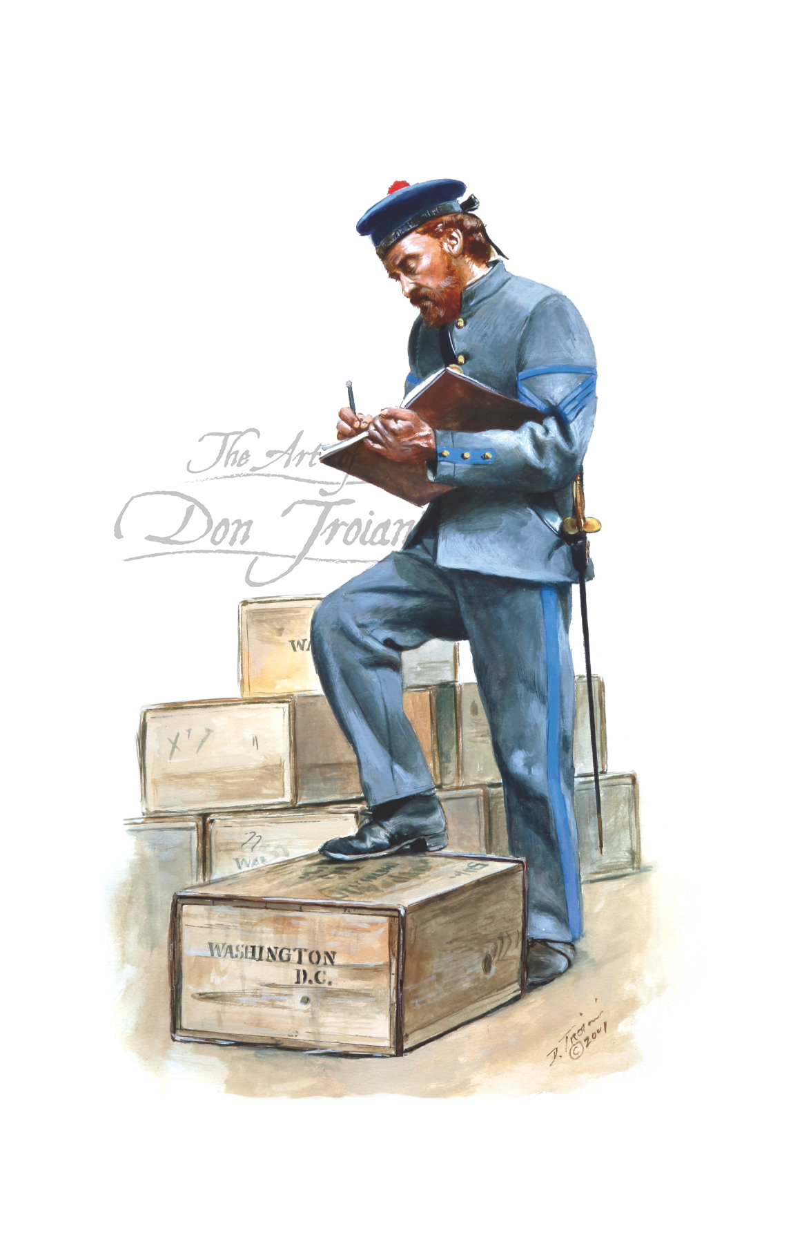 Chicago Highland Guard. Illustration of a man in a blue uniform sitting on wooden crates with a clipboard, set against a white background.
