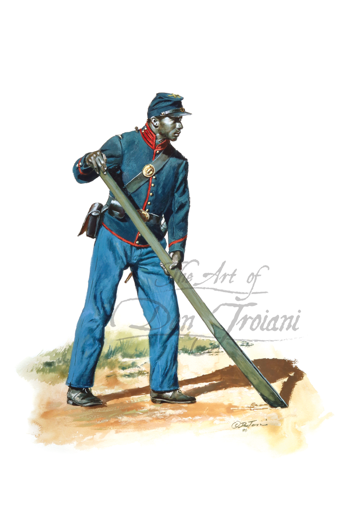 14th Rhode Island Heavy Artillery. Illustration of a soldier in blue uniform holding a rifle.