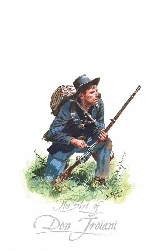 21st Ohio Volunteer Infantry. Illustration of a soldier in blue uniform with a rifle, crouching in grass, signed 'The Art of Don Troiani'.