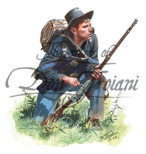 Don Troiani wall art print 21st Ohio Volunteer Infantry. Solider is wearing a blue uniform.