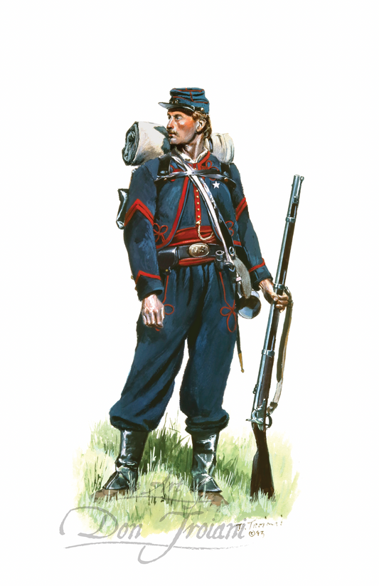 2nd Zouaves. Illustration of a soldier in Civil War uniform with rifle and backpack on a white background